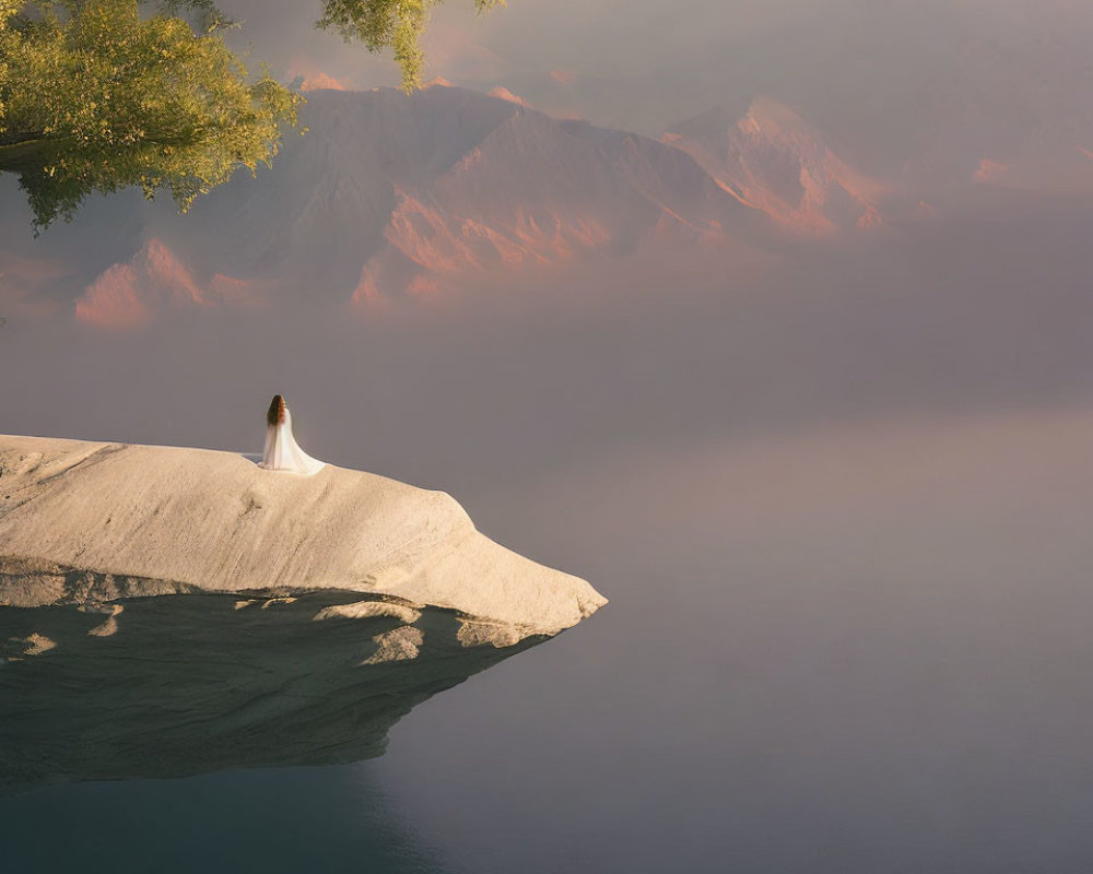 Person in white dress on cliff overlooking misty mountains under warm light.