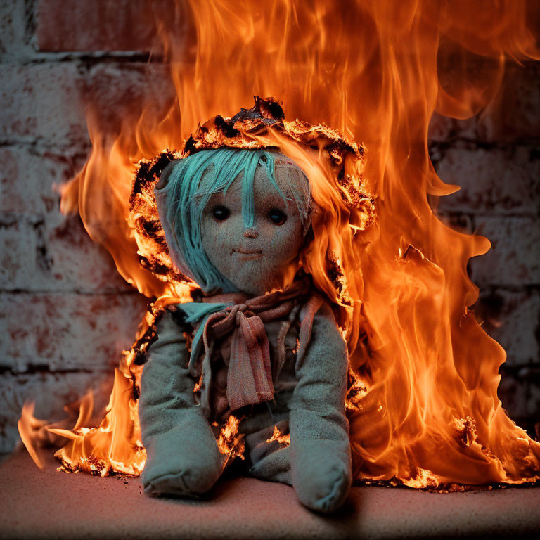 Blue-haired rag doll engulfed in flames on brick background