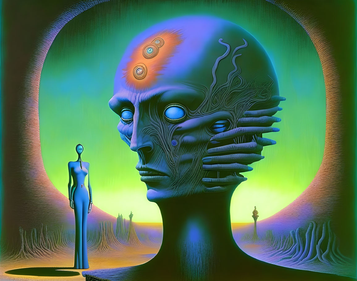 Surreal artwork: Large humanoid head, symbolic features, small figure, dreamlike landscape, vibrant