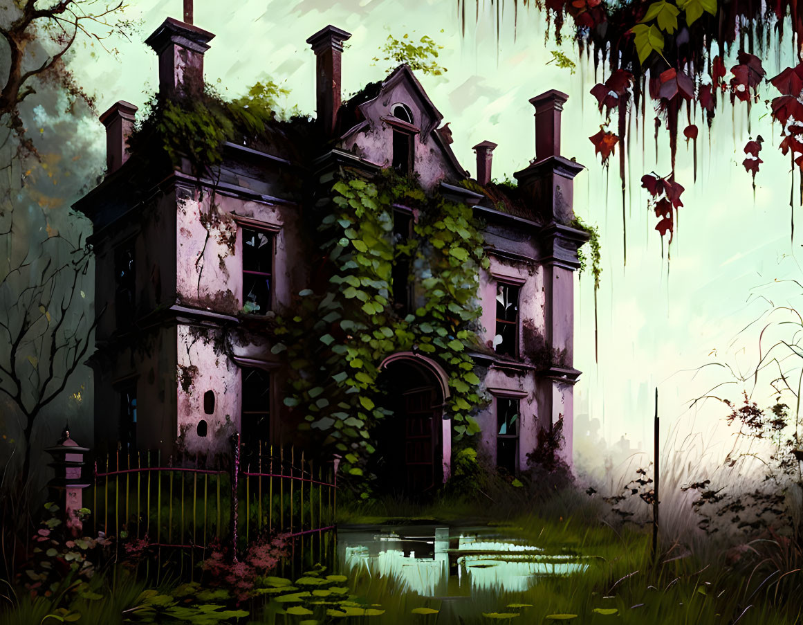 Abandoned ivy-covered mansion in misty garden with pond