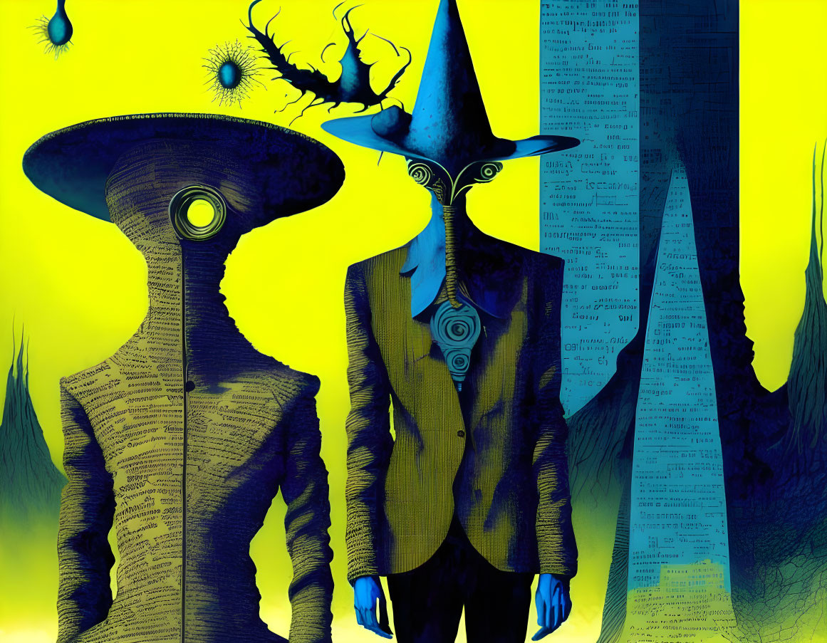 Surreal artwork: humanoid figures with elongated faces and wizard hat on yellow background.