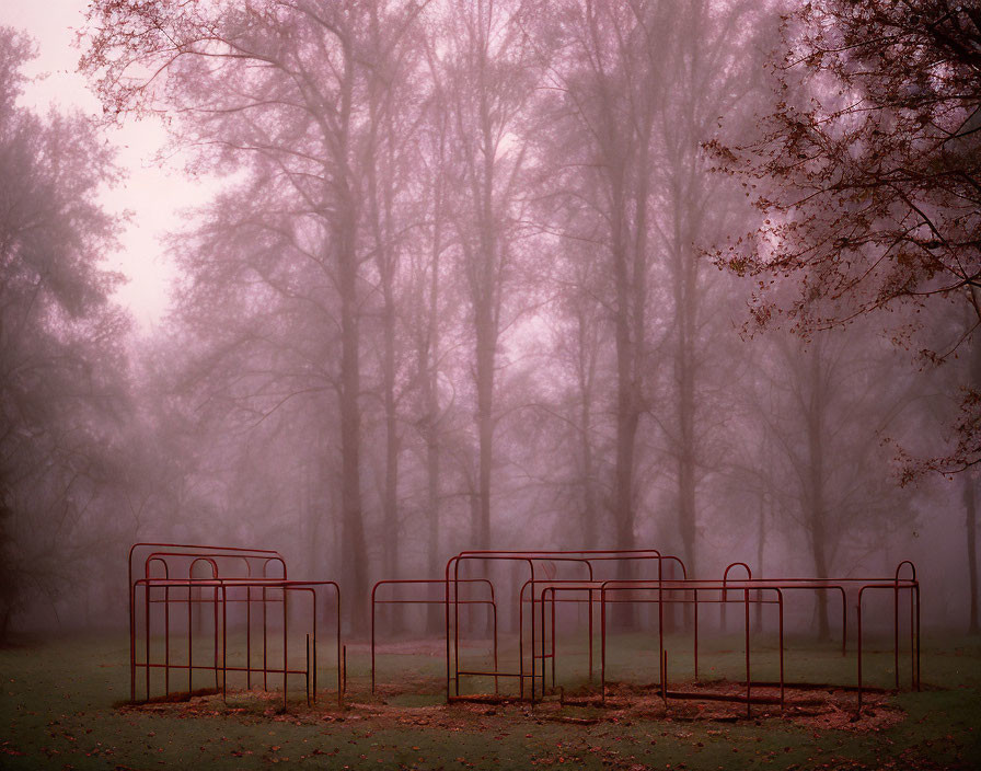 Foggy landscape with bare tree silhouettes and metal benches