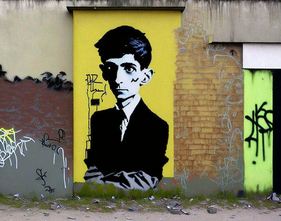 Stylized black and white portrait graffiti on yellow urban wall