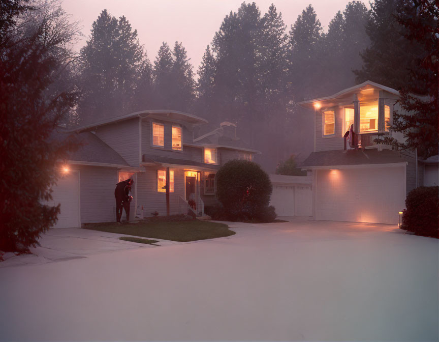 Suburban home in twilight mist with glowing lights and figure.