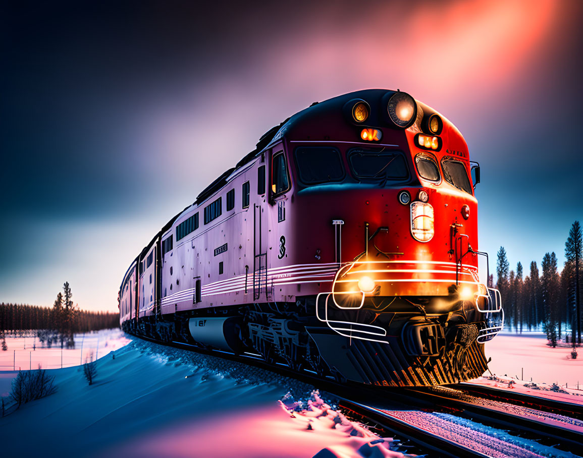 Snow-covered train tracks illuminated by twilight train lights in a forest under a purple and pink sky