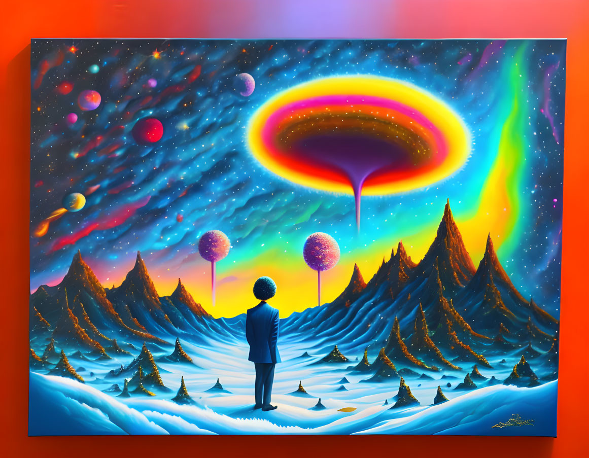 Colorful painting: person in surreal landscape with spherical trees, swirling black hole.