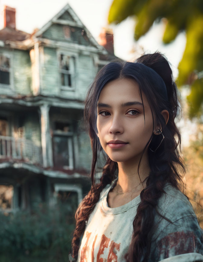 Braided-hair woman in front of dilapidated house and autumn foliage