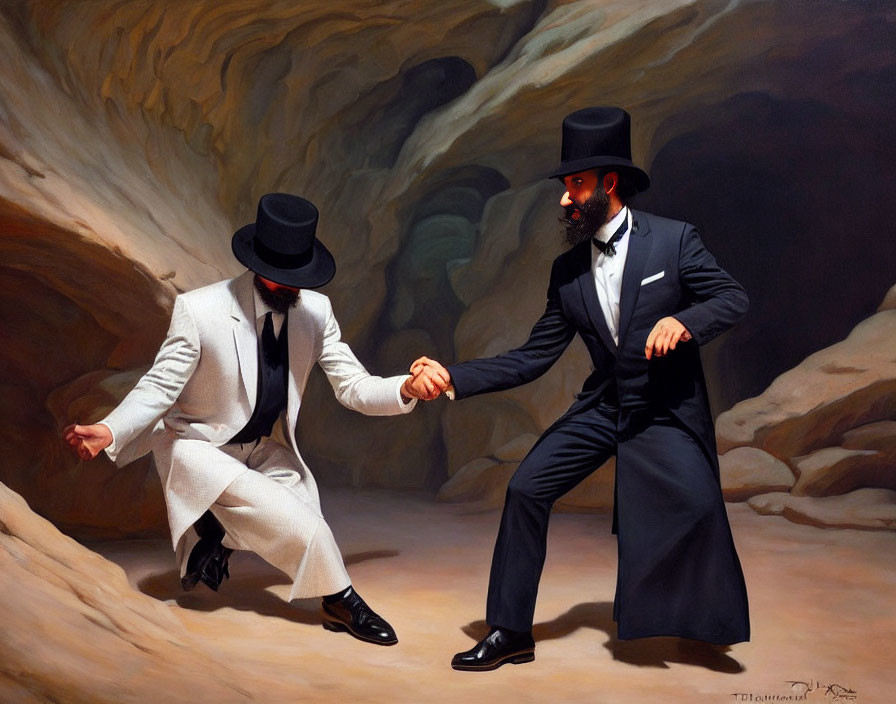 Anthropomorphic dogs in suits and top hats shaking hands in cave setting