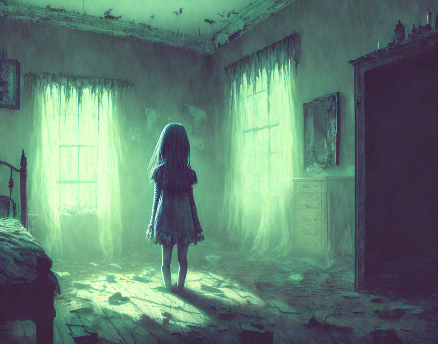 Child in dimly-lit spooky room with tattered curtains and abandoned furniture