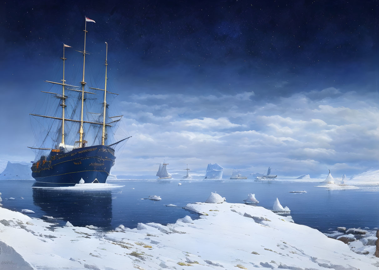 Tall Ships Sailing in Icy Waters Among Snow-Covered Icebergs