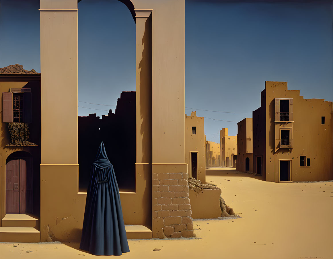 Cloaked figure in sunlit deserted street with sandy buildings