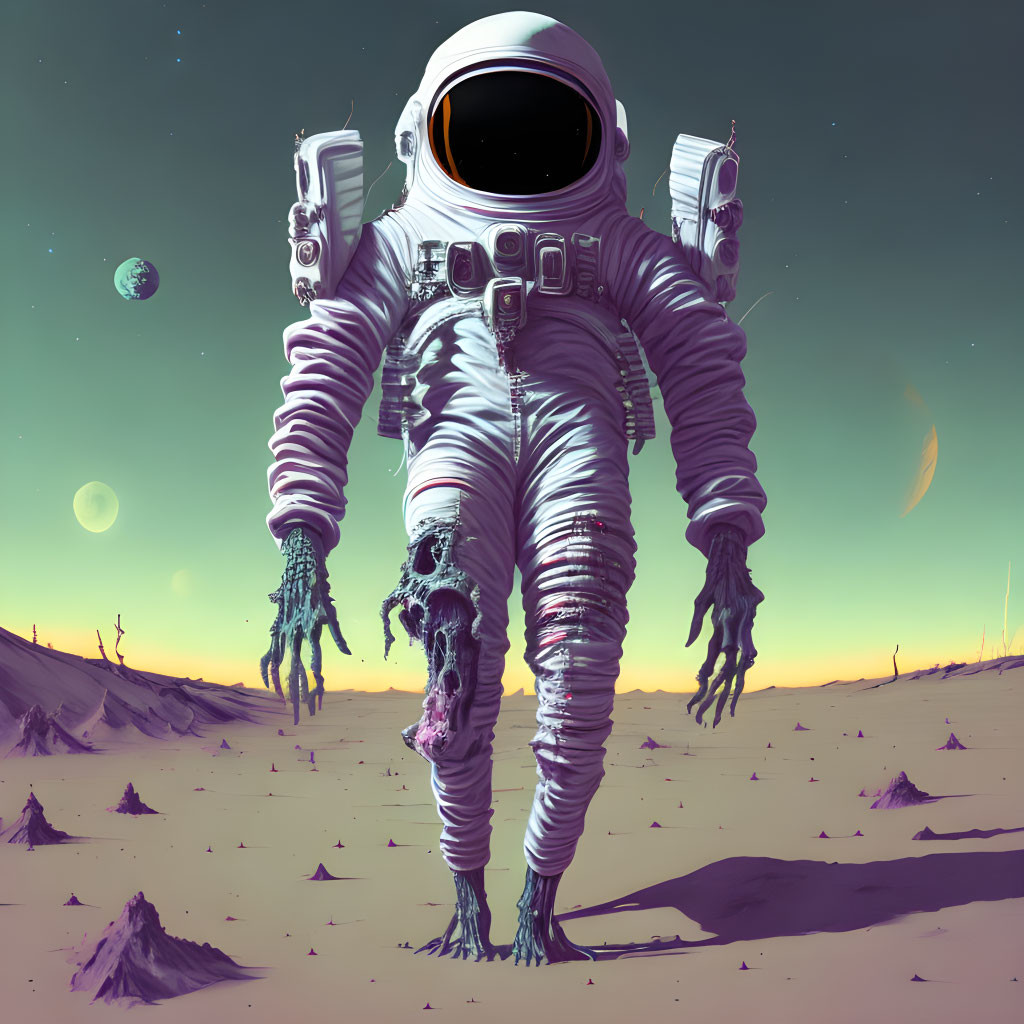 Surreal astronaut with elongated limbs in alien landscape with multiple moons.