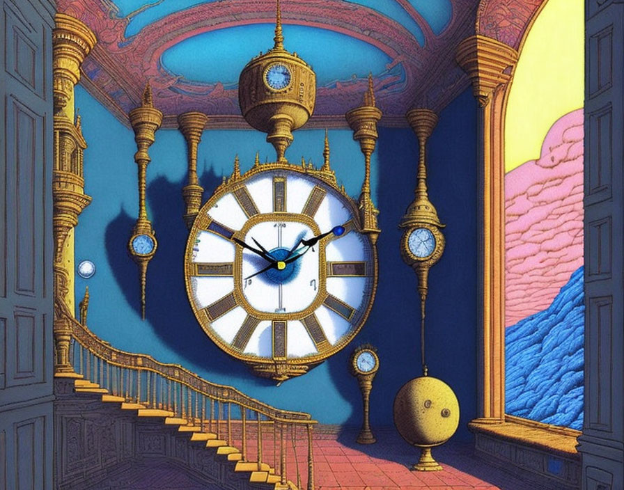 Surreal artwork: grand clock, winding staircase, mismatched elements, cloudy sky