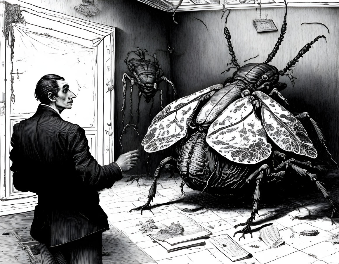 Monochrome illustration: man in suit confronts intricate-winged beetle in paper-strewn room