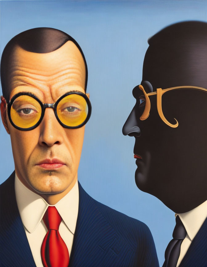 Surrealist painting of two men in suits with round glasses