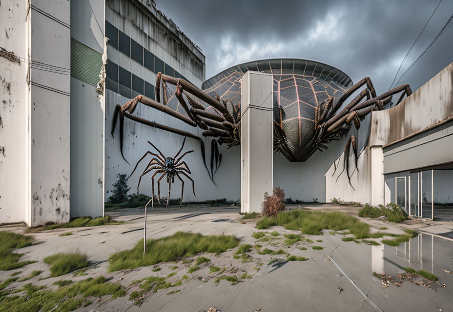 Realistic Spider Sculpture on Worn Building with Overgrown Weeds