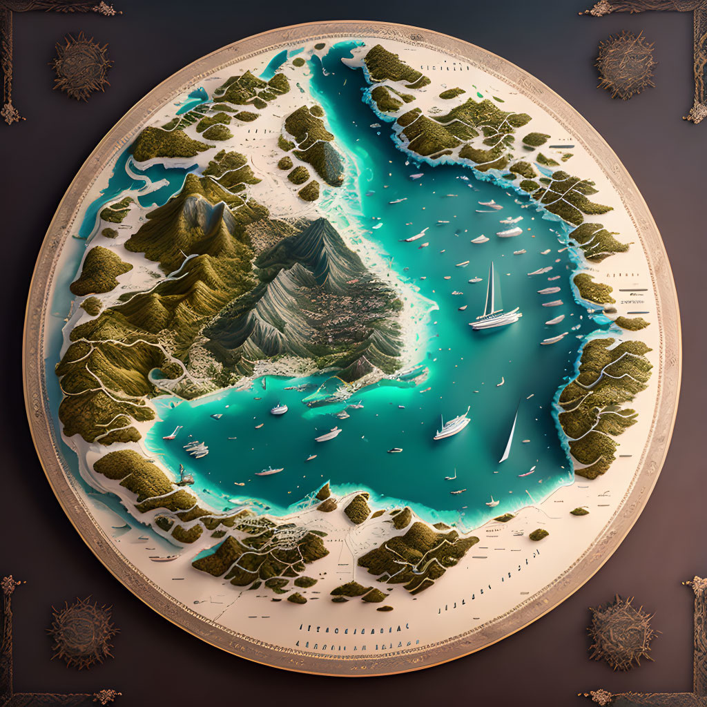 Detailed 3D map of island with mountains, forests, lagoon, ships, and compass roses