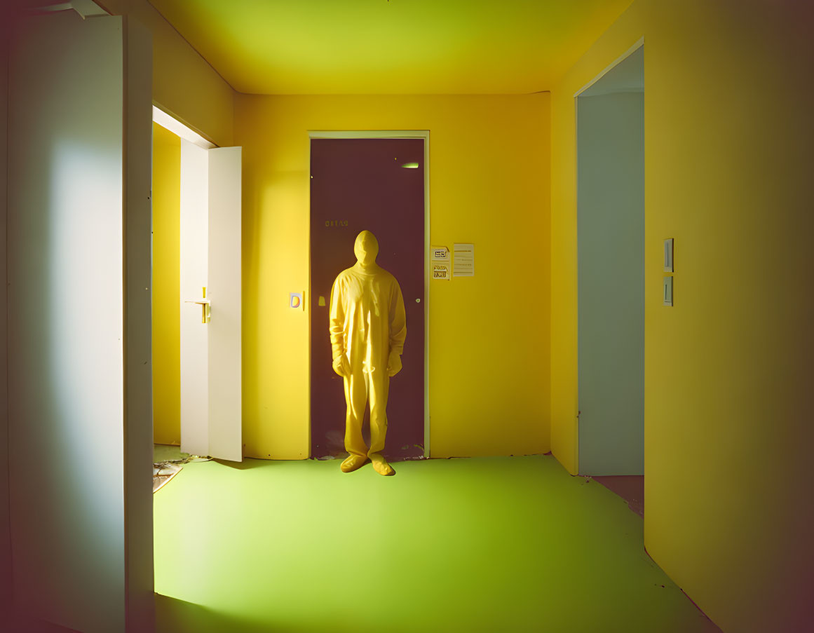 Person in yellow outfit in room with green flooring and yellow walls.