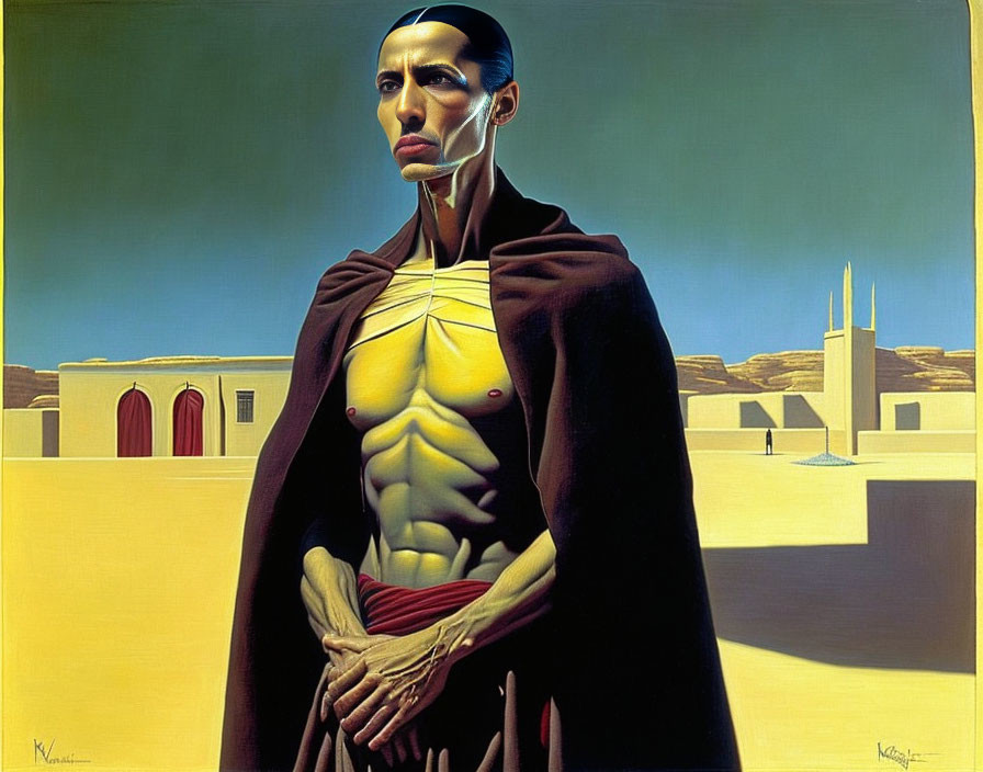 Surreal painting: Figure with long neck and cape in desert landscape