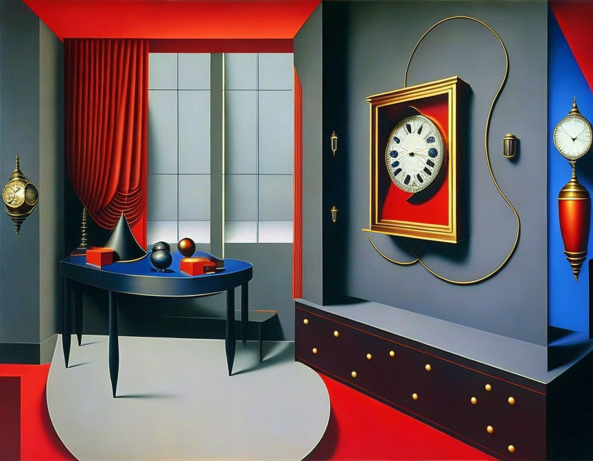 Vibrant Surrealistic Room with Distorted Perspective and Clocks