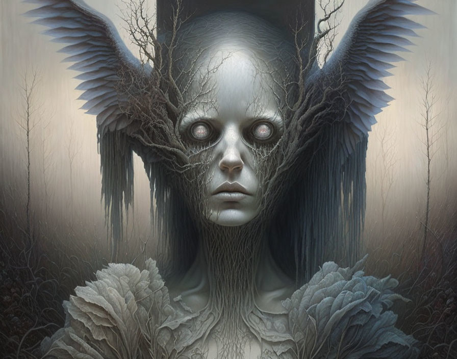 Surreal portrait of figure with dark eyes, tree-like skin, and feathered wings in mist