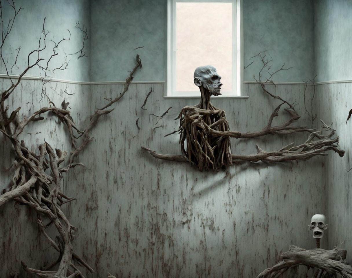 Surreal artwork: Branch creature in dilapidated room with skull in roots