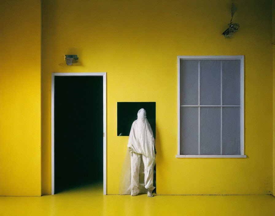 Figure covered in white sheet by black door in yellow room with frosted glass window