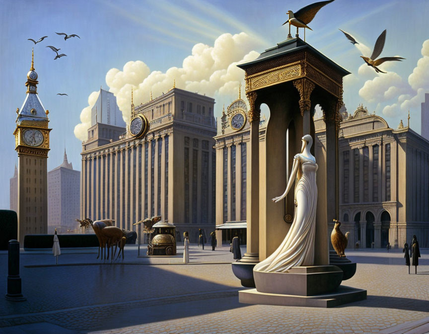 Surreal artwork: serene plaza with classical architecture, statue, Big Ben, antique cars, horses