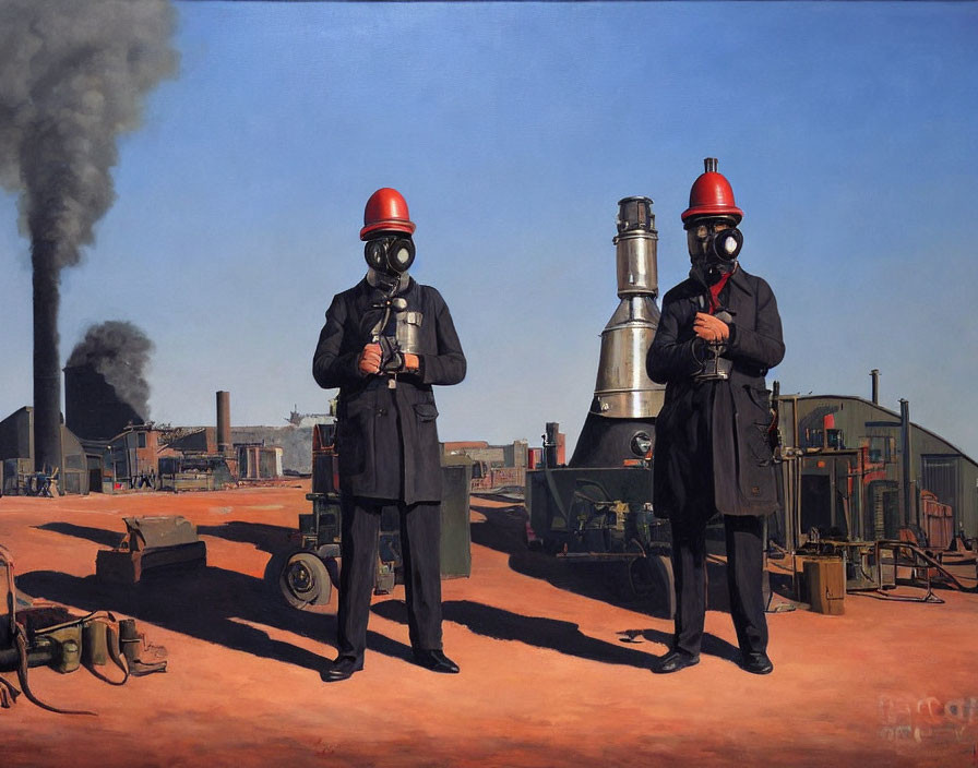 Two People in Black Suits and Red Gas Masks in Industrial Setting with Smoking Chimneys and Clear Sky