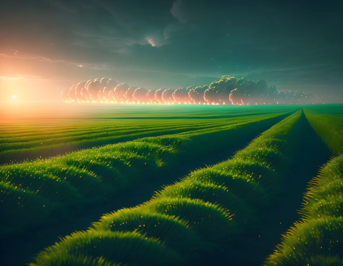 Tranquil sunset landscape with green fields and trail under pink sky