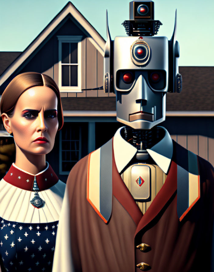 Vintage Clothing Woman & Robot Illustration in Retro-Futuristic Setting