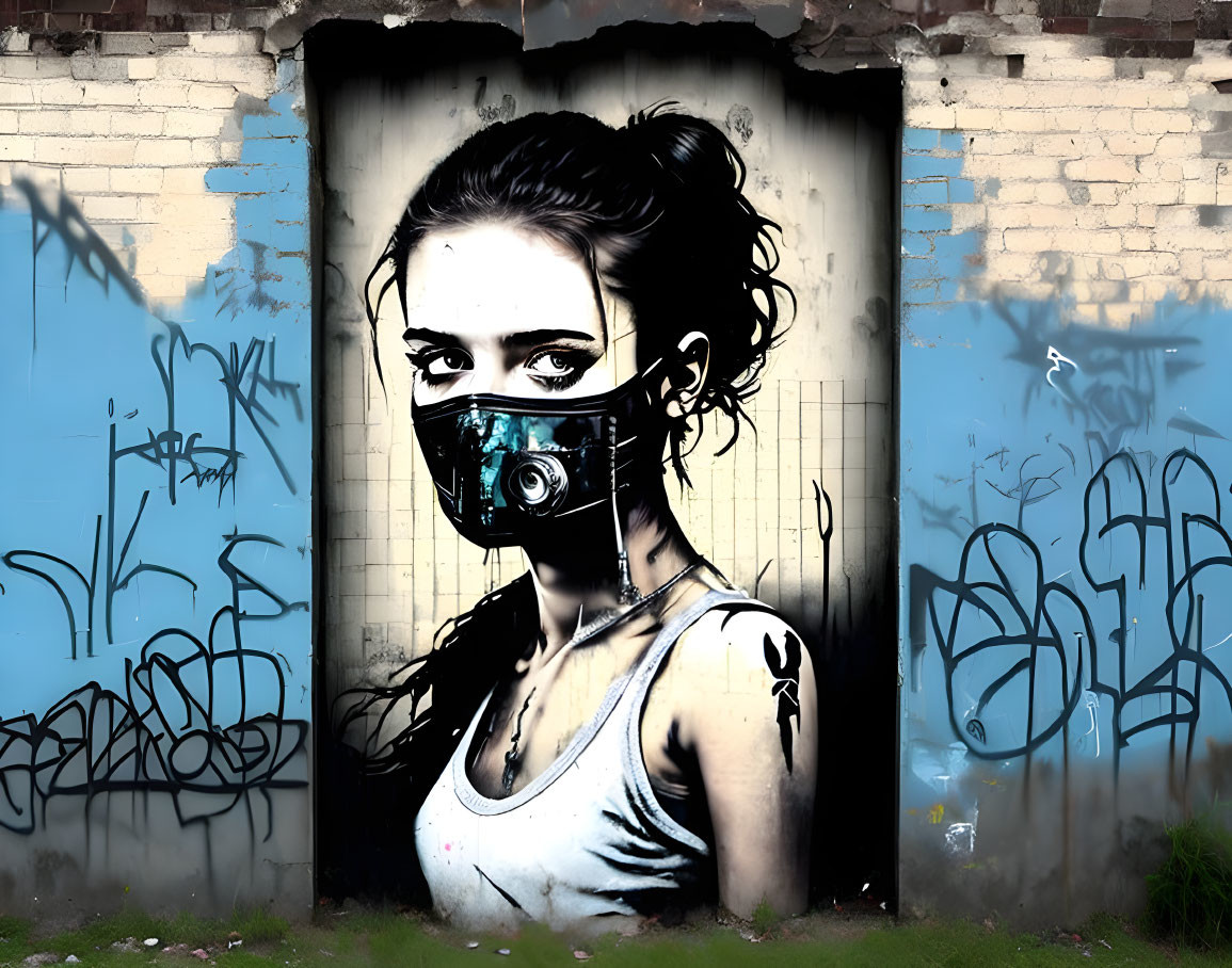 Graffiti artwork featuring woman in gas mask with blue shades and tags