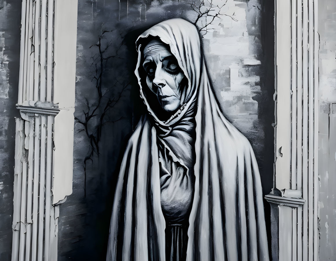 Monochrome mural featuring figure in shawl between pillars with somber expression