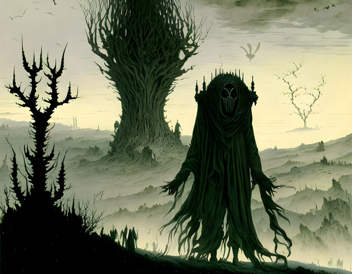 Fantasy landscape with cloaked figure, mask, eerie trees, and flying creatures