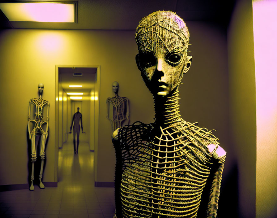 Surreal hallway with detailed mannequins under eerie lighting