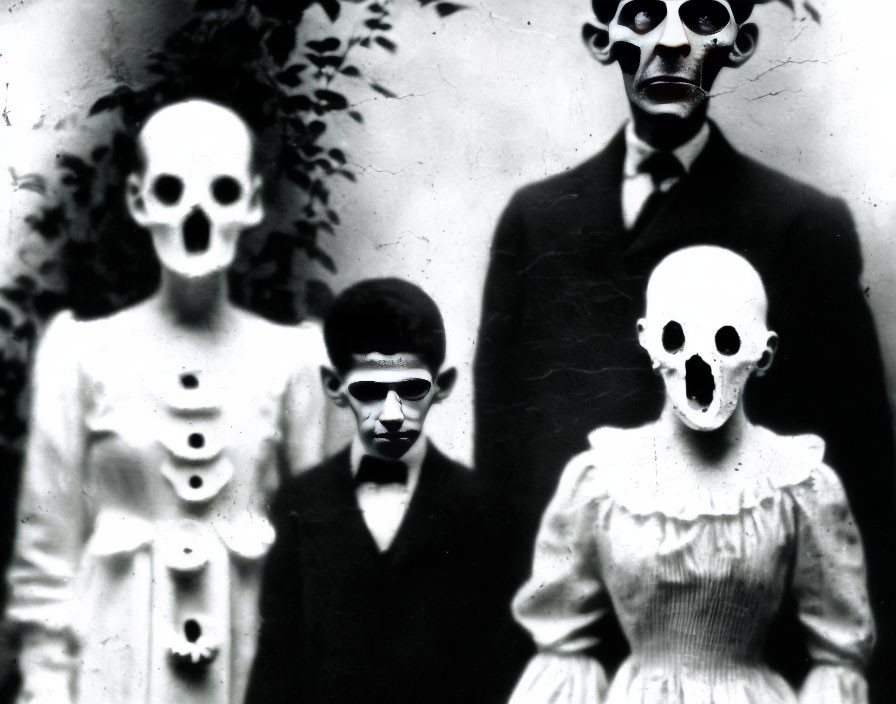 Vintage-style photo: Four people in suits with unsettling skull masks and sunglasses