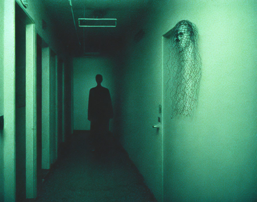 Silhouette of Person in Green Hallway with Doors and Net