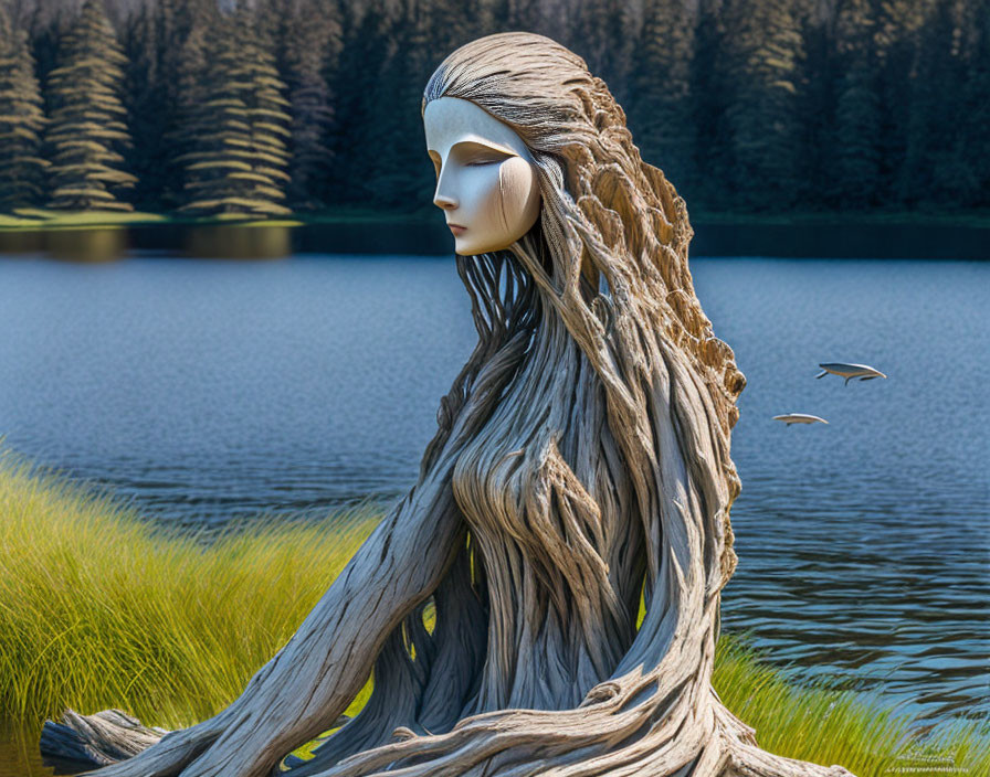 Wooden sculpture of a woman's face with flowing hair by a lake in nature