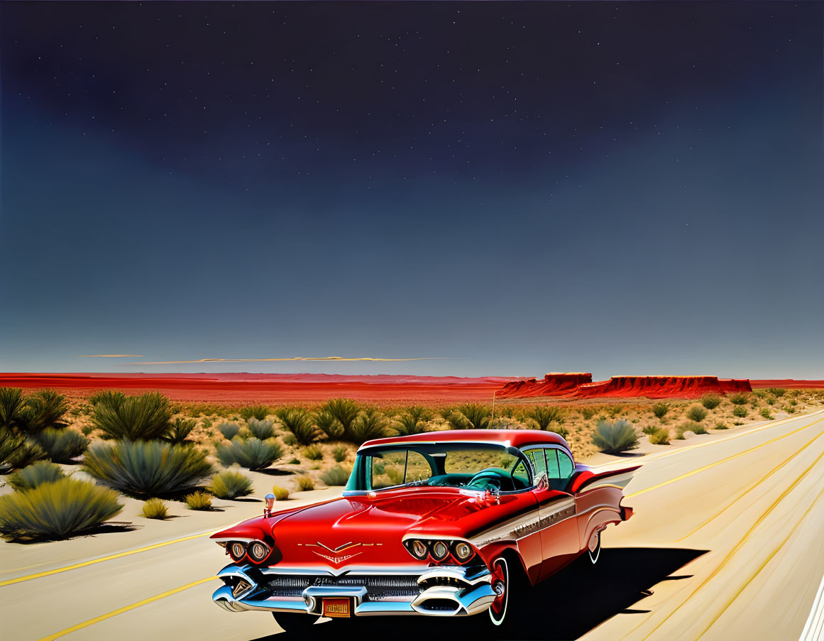 Vintage Red Car on Desert Road with Starry Sky