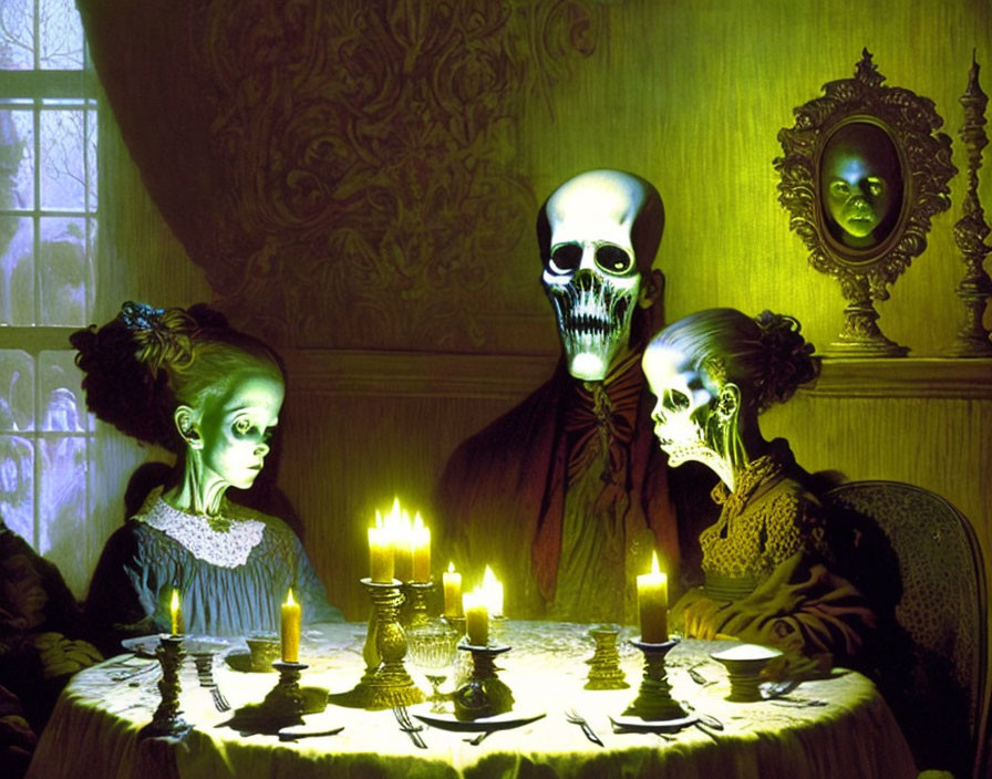 Victorian-themed eerie skeletal figures around candlelit table