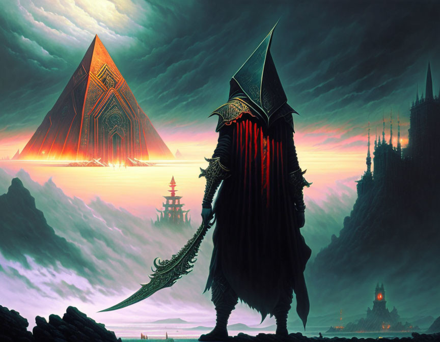 Cloaked Figure with Ornate Helmet and Sword in Mystical Landscape