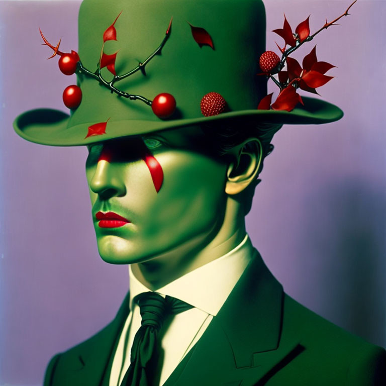 Stylized portrait of person with green skin and hat on purple background