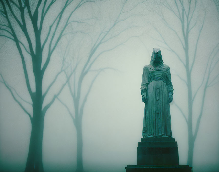 Mysterious hooded statue in foggy setting with bare tree silhouettes