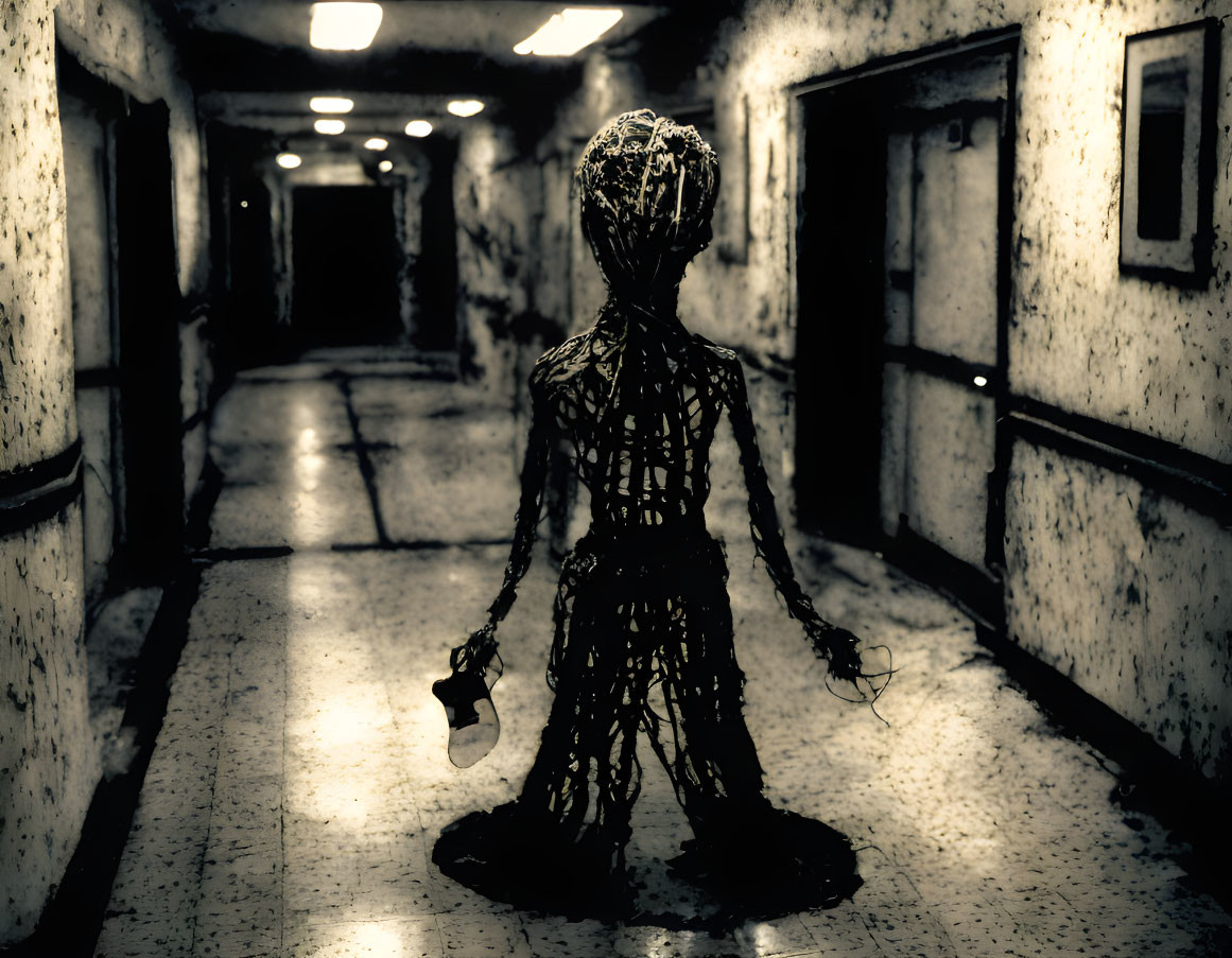 String-like Figure with Lantern in Eerie Corridor