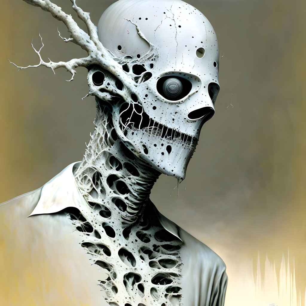 Skeletal figure with branch-like head structure and intricate neck details