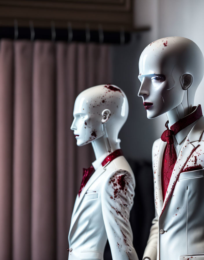 Mannequins in White Suits with Red Stains Display Fashion Attire