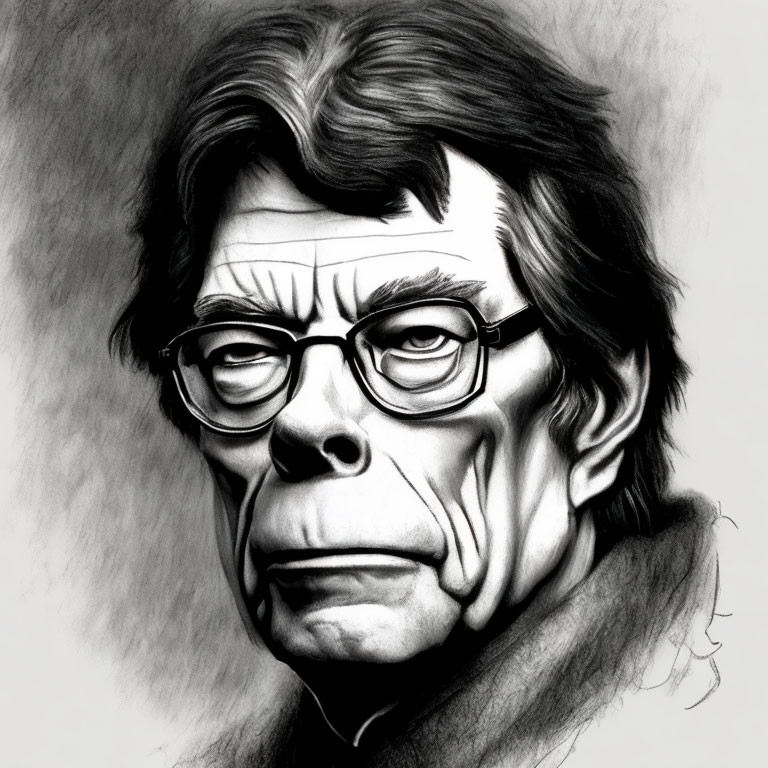 Detailed pencil portrait of a man with prominent cheekbones and glasses, serious expression.