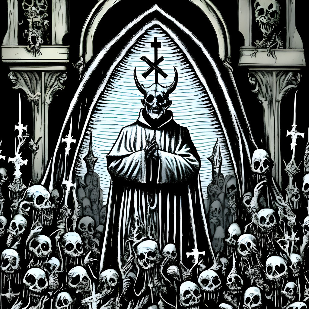 Gothic-style illustration of robed figure with cross and horned skull head surrounded by skulls.