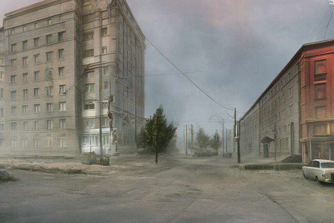 Abandoned urban crossroads with rundown buildings, lone tree, and classic car