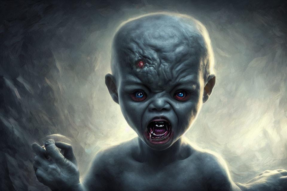 Creepy baby illustration with red eyes and third eye on dark background